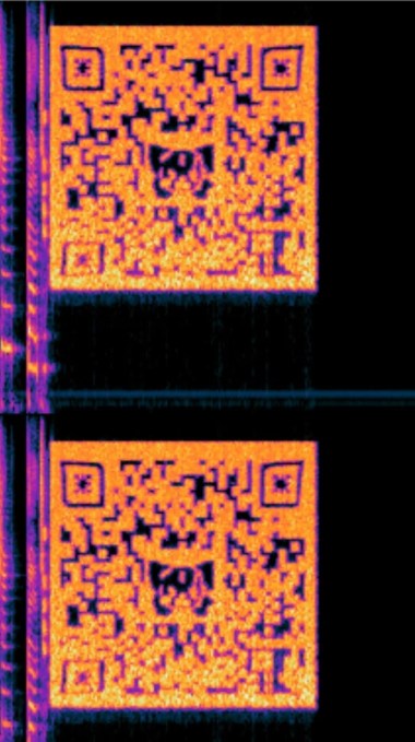 Uma captura de tela do espectrograma contido em uma música do último álbum de Bring Me The Horizon.  O código QR leva a um site oculto com ovos de Páscoa para os fãs.