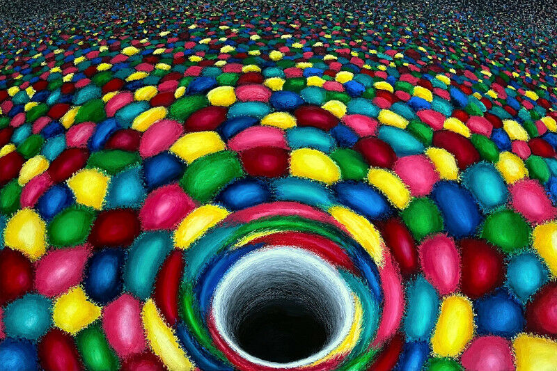 Representação de um buraco negro primordial formando-se em meio a um mar de água quente e carregada de cor