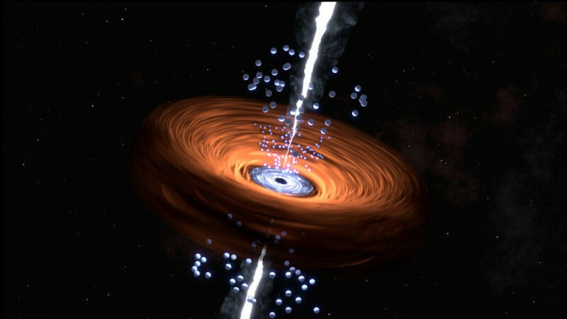 Impressão artística da região central brilhante de um quasar, uma galáxia ativa.