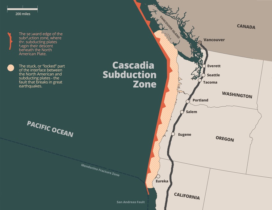 mapa mostrando a localização da zona de subducção de Cascadia