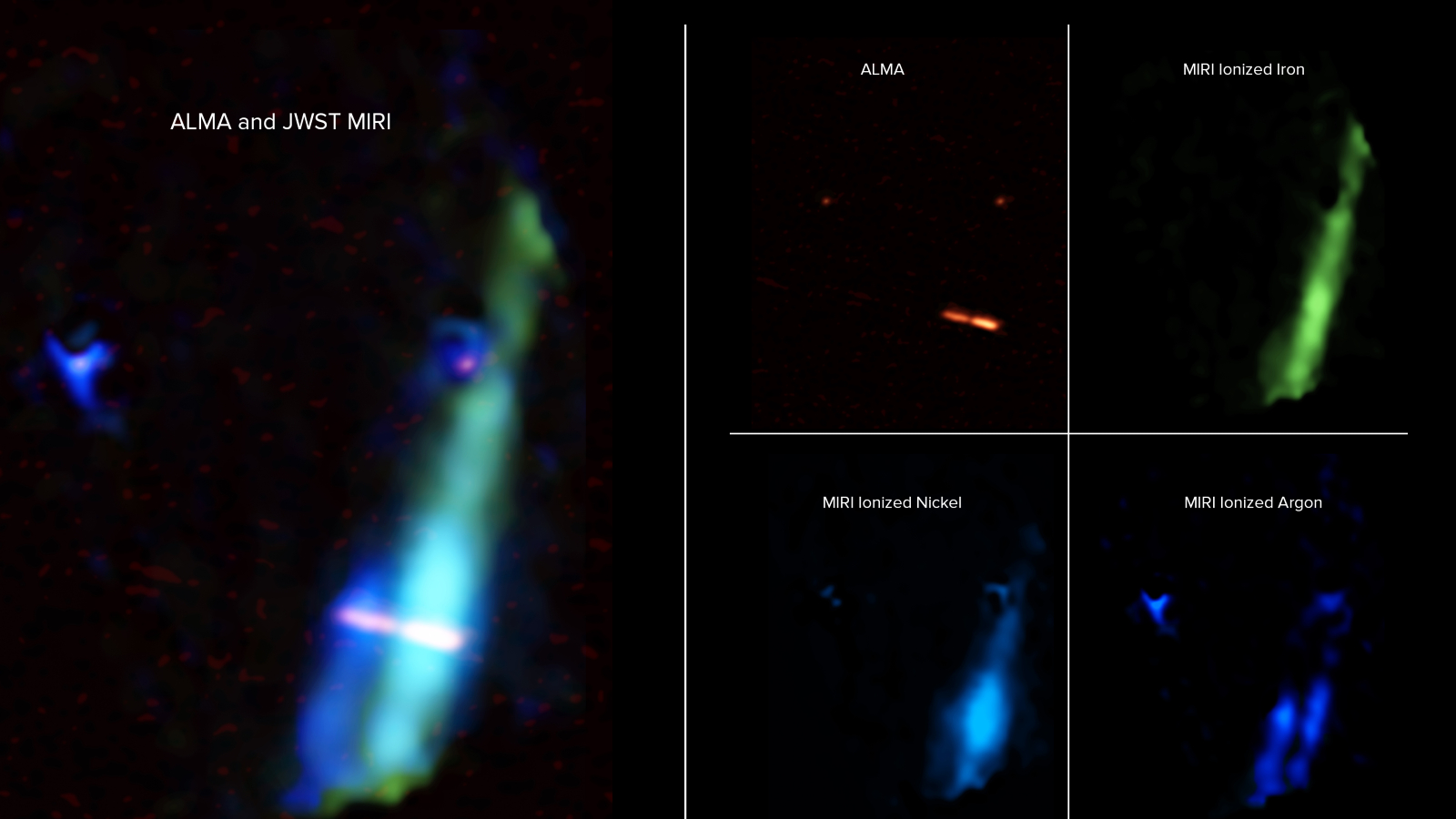 Imagens borradas tiradas por telescópios espaciais mostram jatos estelares saindo das estrelas