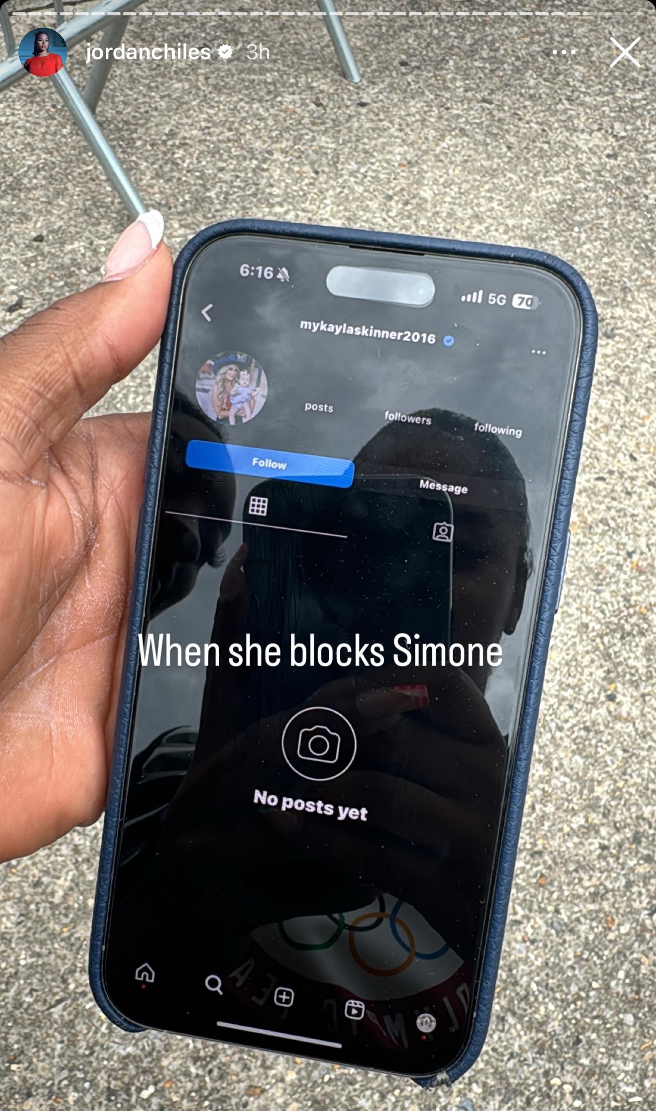 Jordan Chiles compartilha evidências de que MyKayla Skinner bloqueou Simone Biles no Instagram