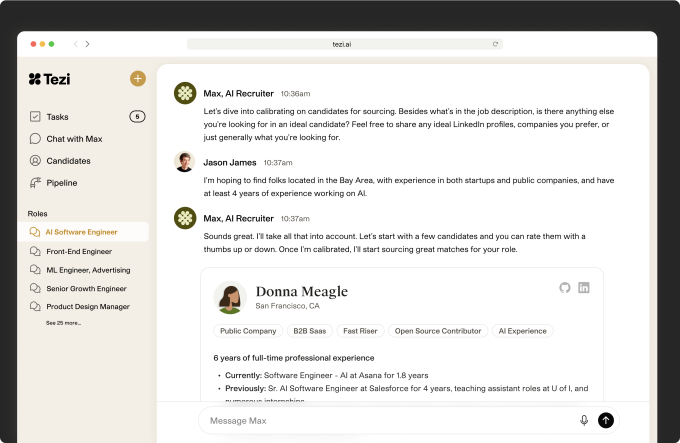 Interface do Tezi mostrando um bot de RH interagindo com um recrutador.