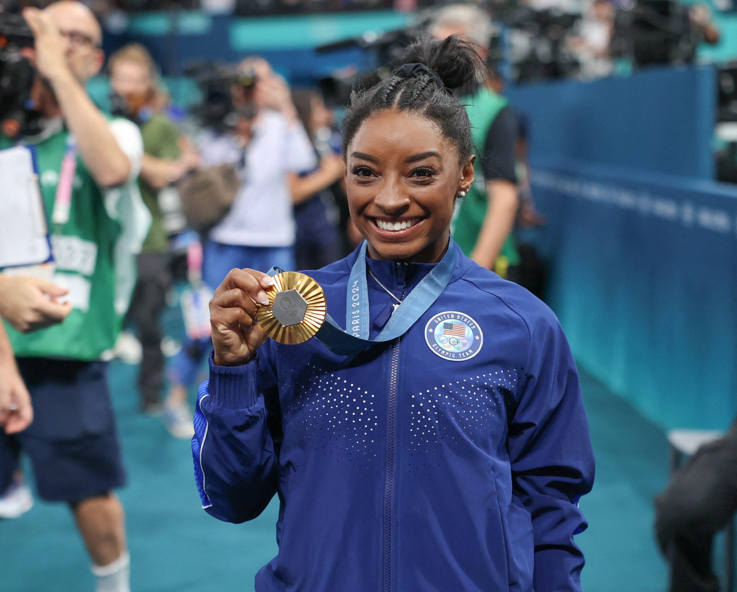 Simone Biles (1ª) Final da Ginástica Feminina dos Jogos Olímpicos de Paris 2024 na Arena Bercy em 1º de agosto de 2024.