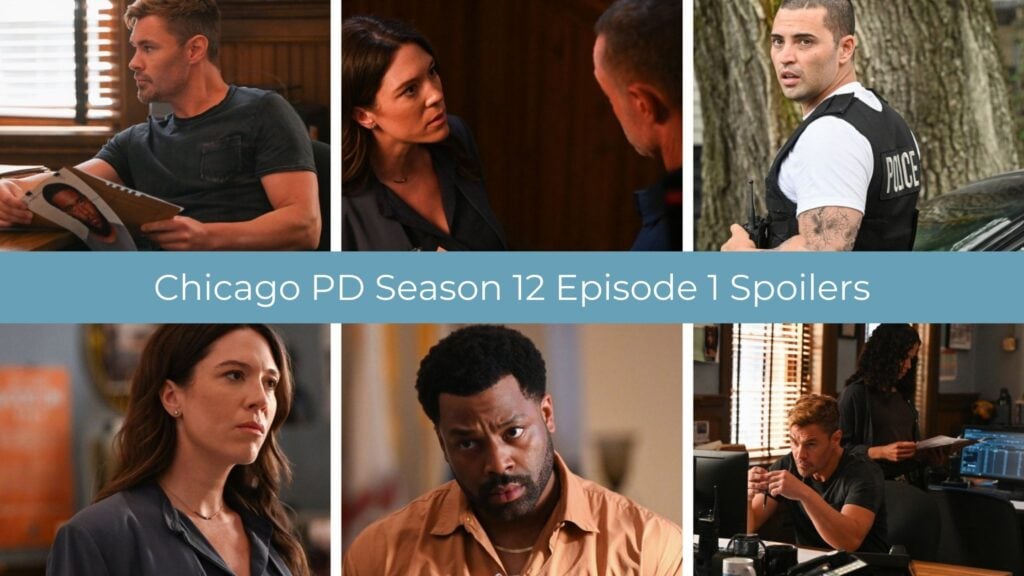 Uma colagem de spoilers com imagens do episódio 1 da 12ª temporada de Chicago PD.