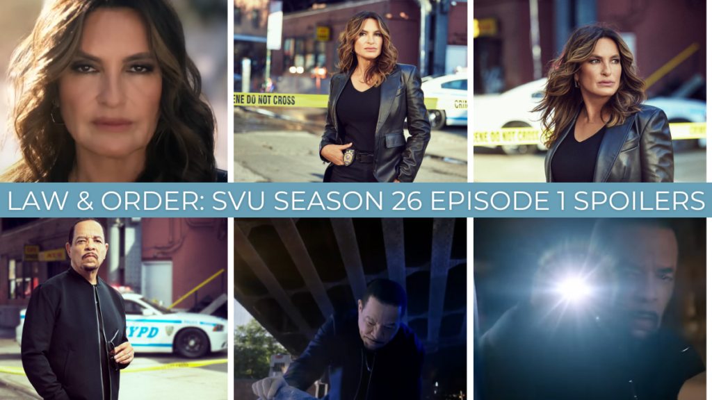 Law & Order: SVU Temporada 26 Episódio 1 colagem de fotos de spoiler que tem três fotos de Benson na parte superior e três de Fin na parte inferior.