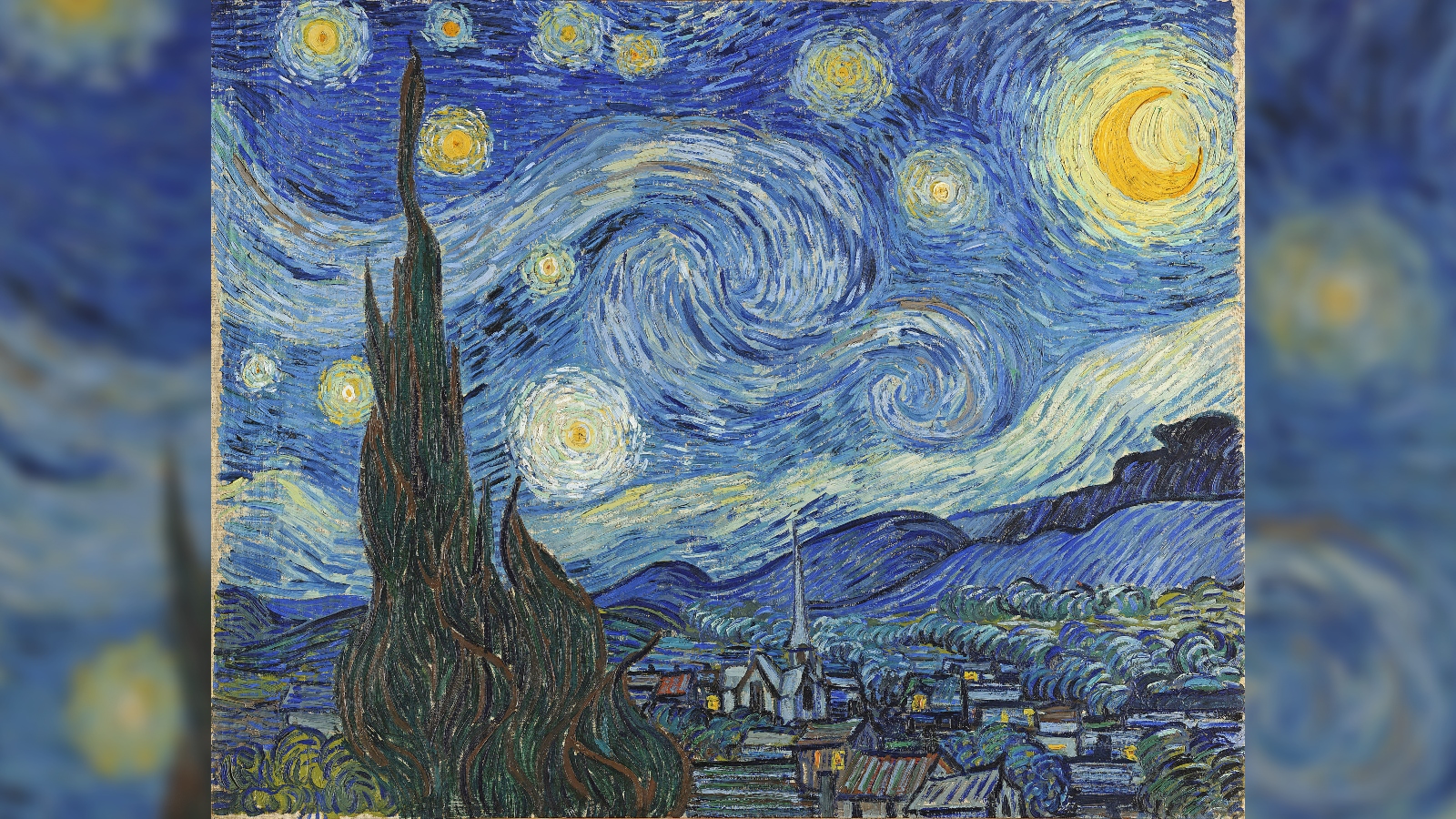 Uma fotografia da pintura Noite Estrelada de van Gogh