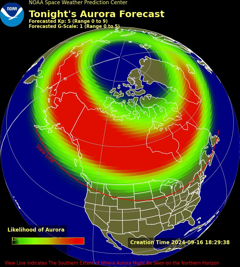 Uma previsão de aurora mostrando alta probabilidade de auroras no Canadá, no extremo norte dos EUA, Alasca, Islândia e Groenlândia