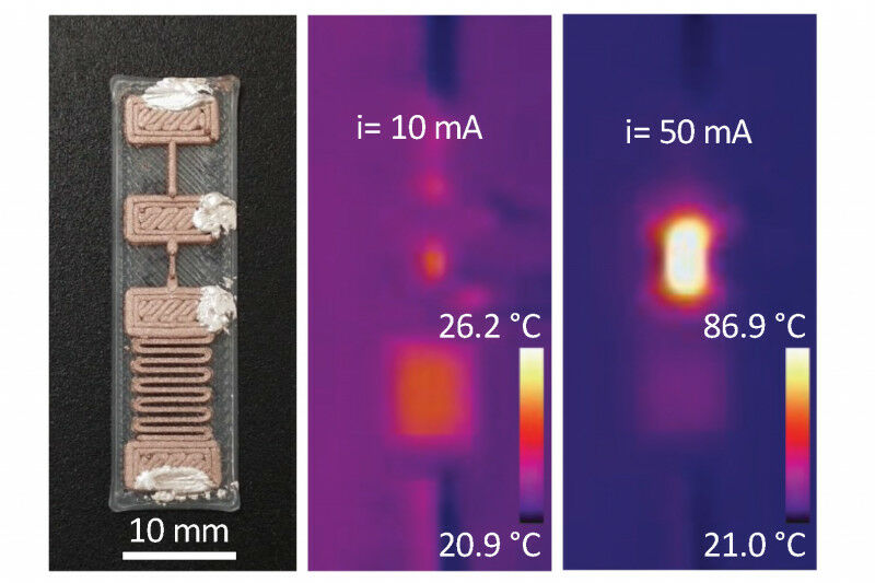 Os dispositivos são feitos de traços finos impressos em 3D do polímero dopado com cobre. T