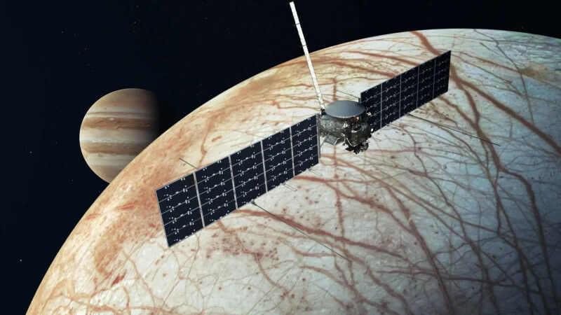 Um conceito artístico da espaçonave Europa Clipper da NASA. © NASA/JPL-