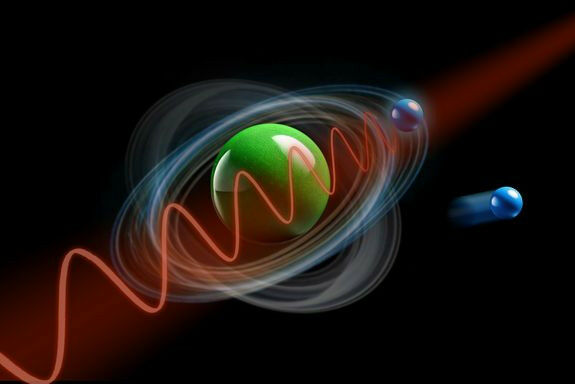 Um átomo é atingido por um pulso de laser. Um elétron é arrancado do átomo, outro