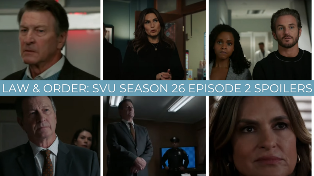 Colagem de capturas de tela representando spoilers do episódio 2 da temporada 26 de Law & Order: SVU