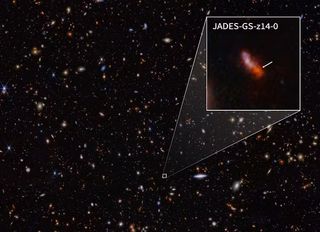 An zoomed inset showing the location of jADES-GS-z14-0 in a deep field image of hundreds of stars and galaxy